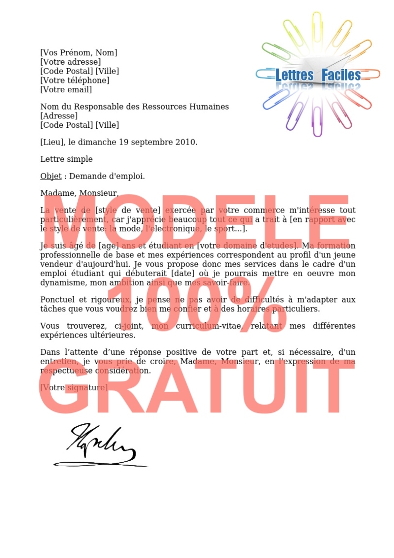 Lettre de motivation Vendeur saisonnier - Modèle de lettre Gratuit !