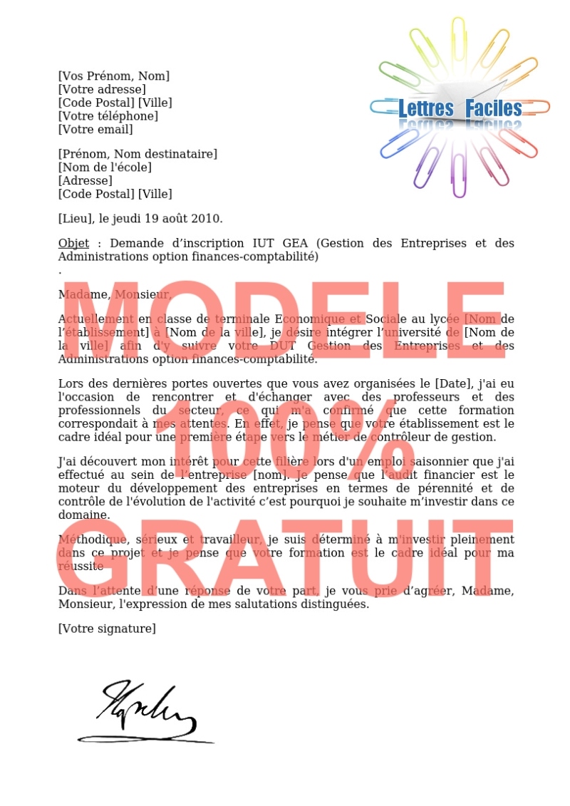 Lettre de motivation DUT GEA  (Gestion des entreprises et des administrations) - Modèle de lettre Gratuit !