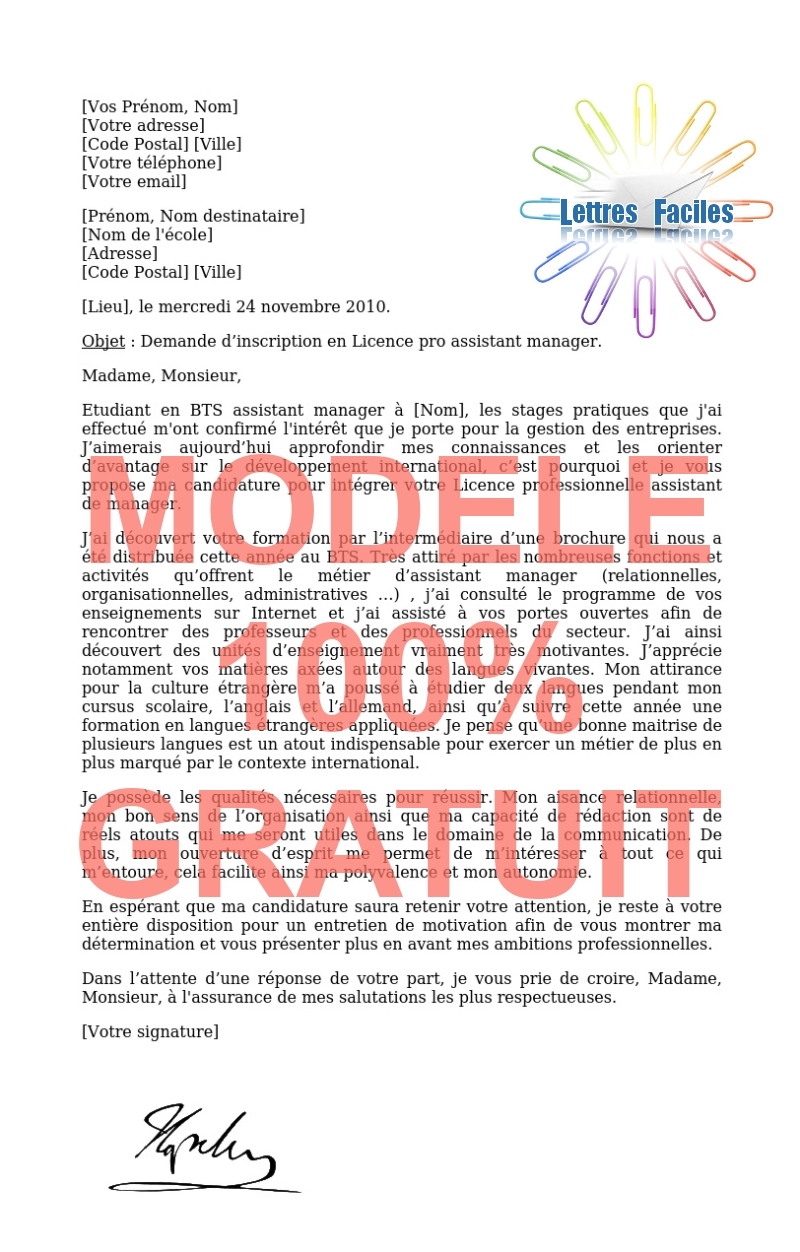 Lettre de motivation Licence pro assistant manager - Modèle de lettre Gratuit !