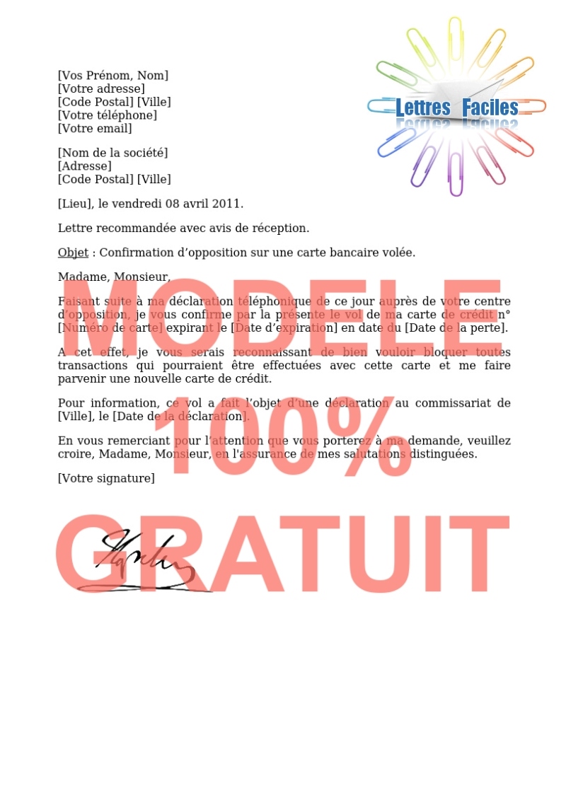 Opposition en cas de vol de carte bancaire, carte de crédit - Modèle de lettre Gratuit !