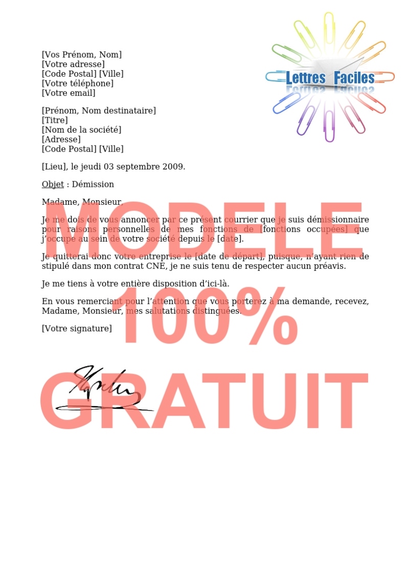 Lettre de démission  (d’un Contrat Nouvelle Embauche) - Modèle de lettre Gratuit !