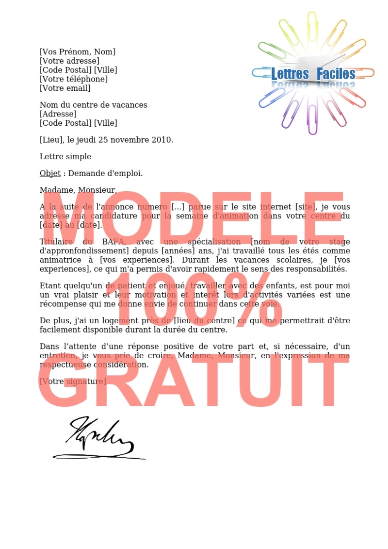 Lettre de motivation animateur C.V.L - Modèle de lettre Gratuit !