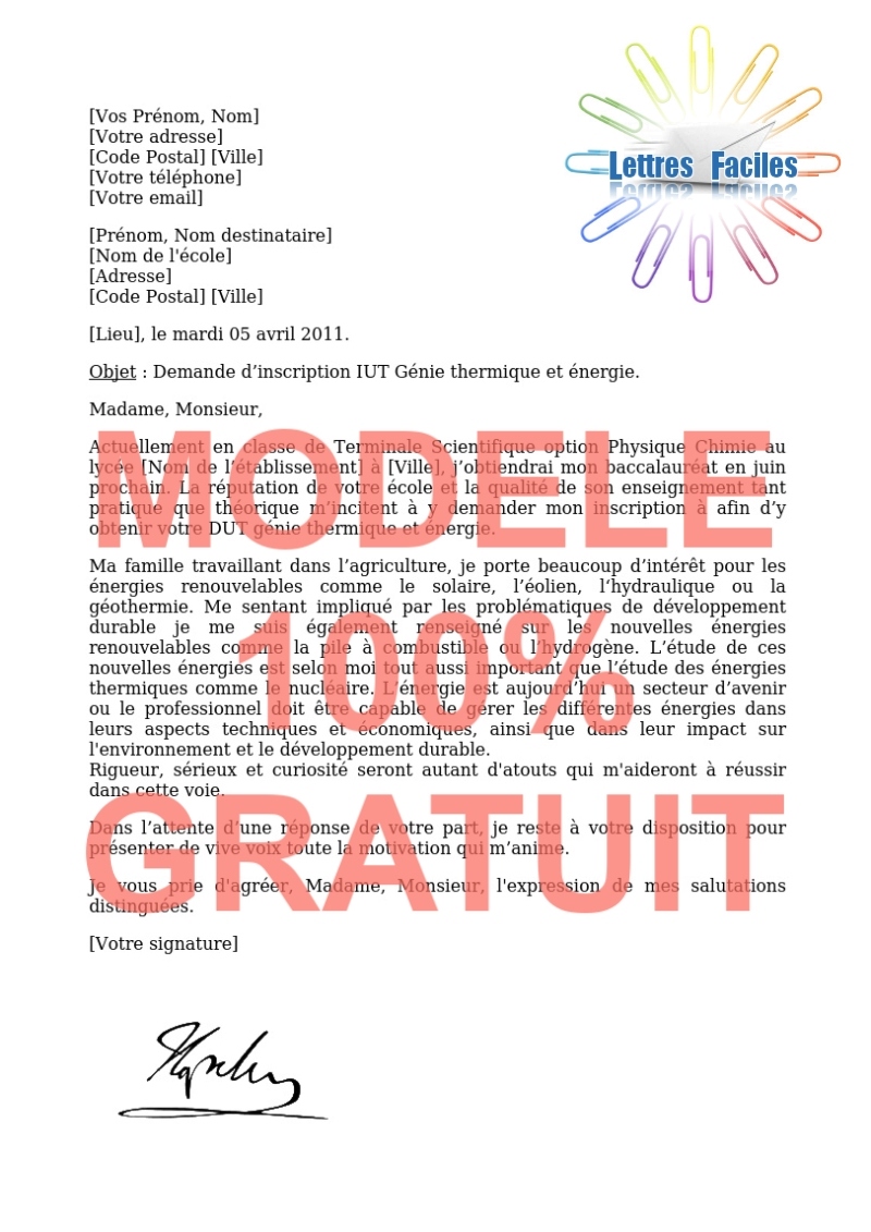 Lettre de motivation DUT Génie thermique et énergie - Modèle de lettre Gratuit !