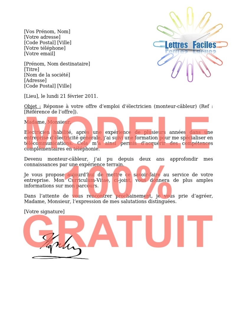 Lettre de motivation électricien  (monteur – câbleur) - Modèle de lettre Gratuit !