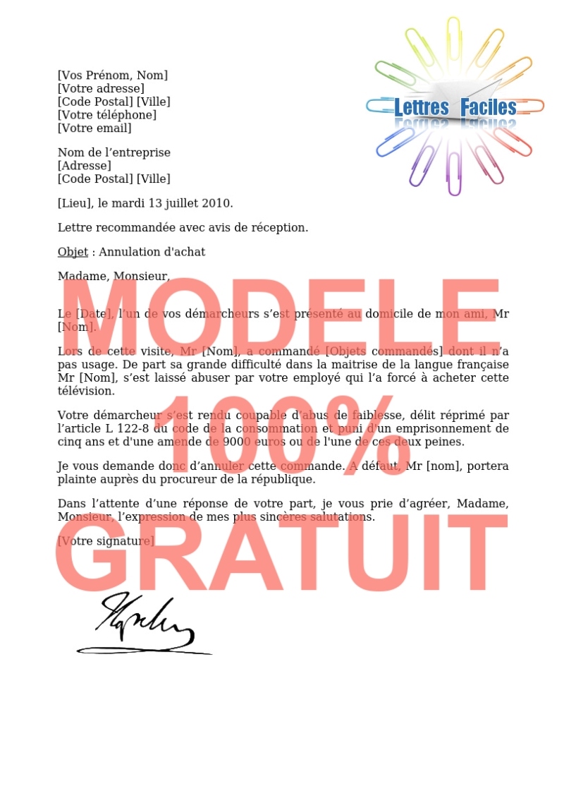 Annulation d'achat  (Abus de faiblesse, personne étrangère) - Modèle de lettre Gratuit !